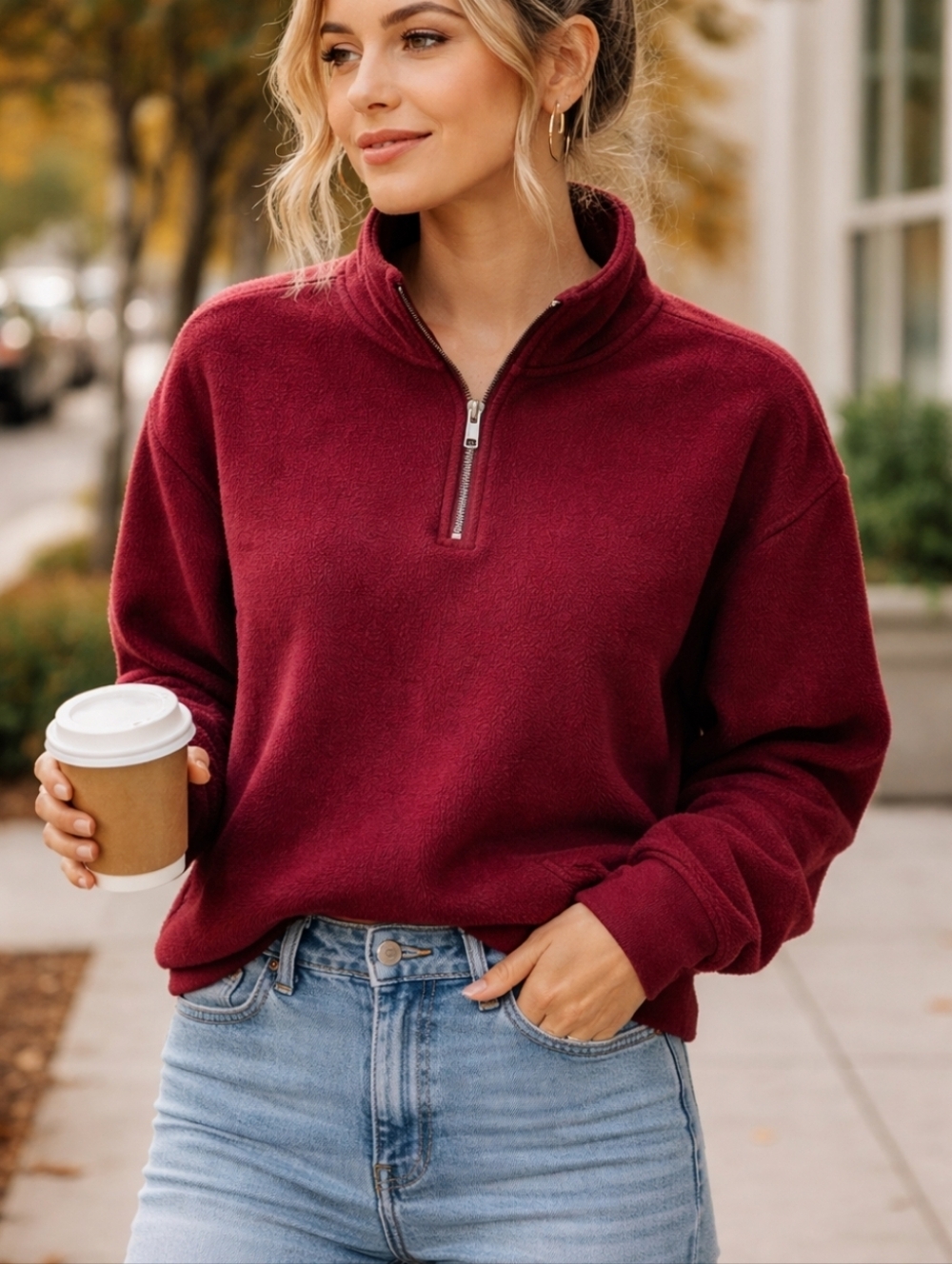Natural Reflections Burgundy Fleece Half Zip Pullover‎ L Cozy Soft